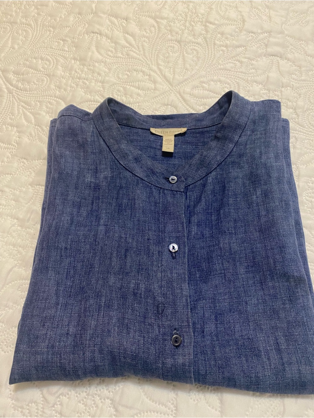 Eileen Fisher Washed 100% Organic Linen Delave Band Collar Shirt In Stone - Picture 12 of 15